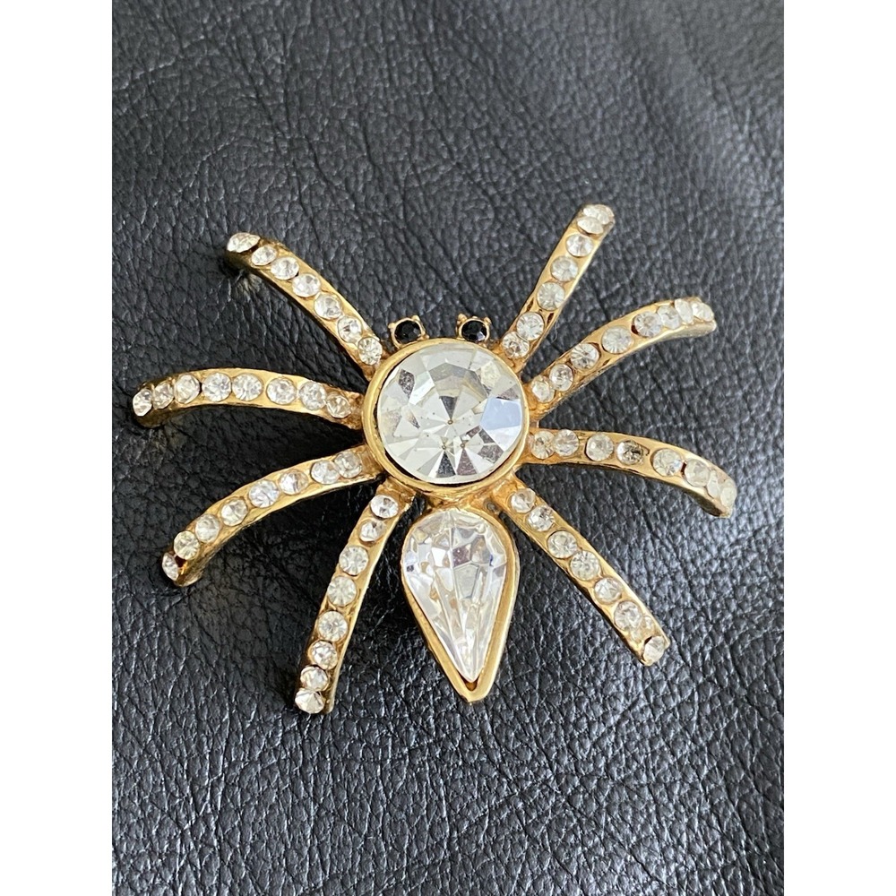 Gold Tone Clear Rhinestone Black Eyes Spider Brooch Insect In Your Garden Theme